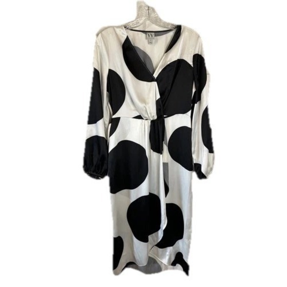 Worthington Black White Polka Dot V-Neck Wrap‎ Tie Waist Midi Dress Size S